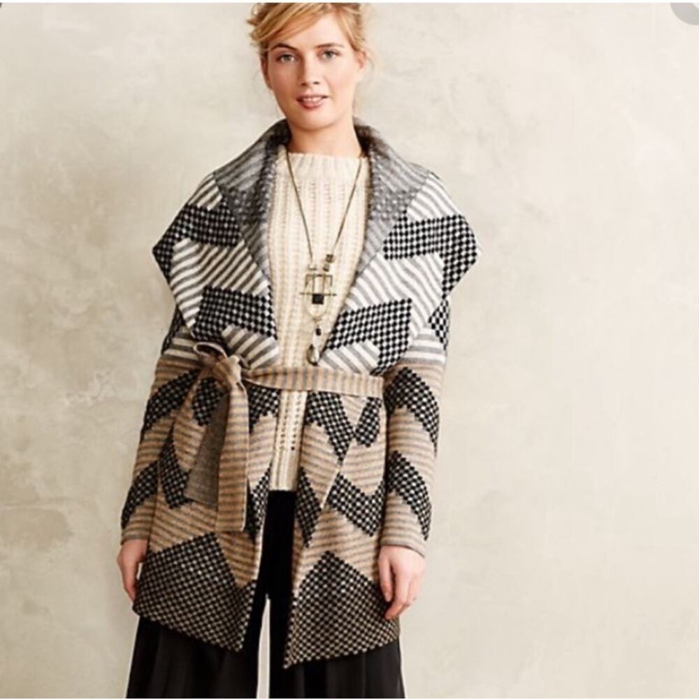 Anthro Field Flower Wool Blend Belted Sweater sz S Grey Tan Chevron Aztec Hooded